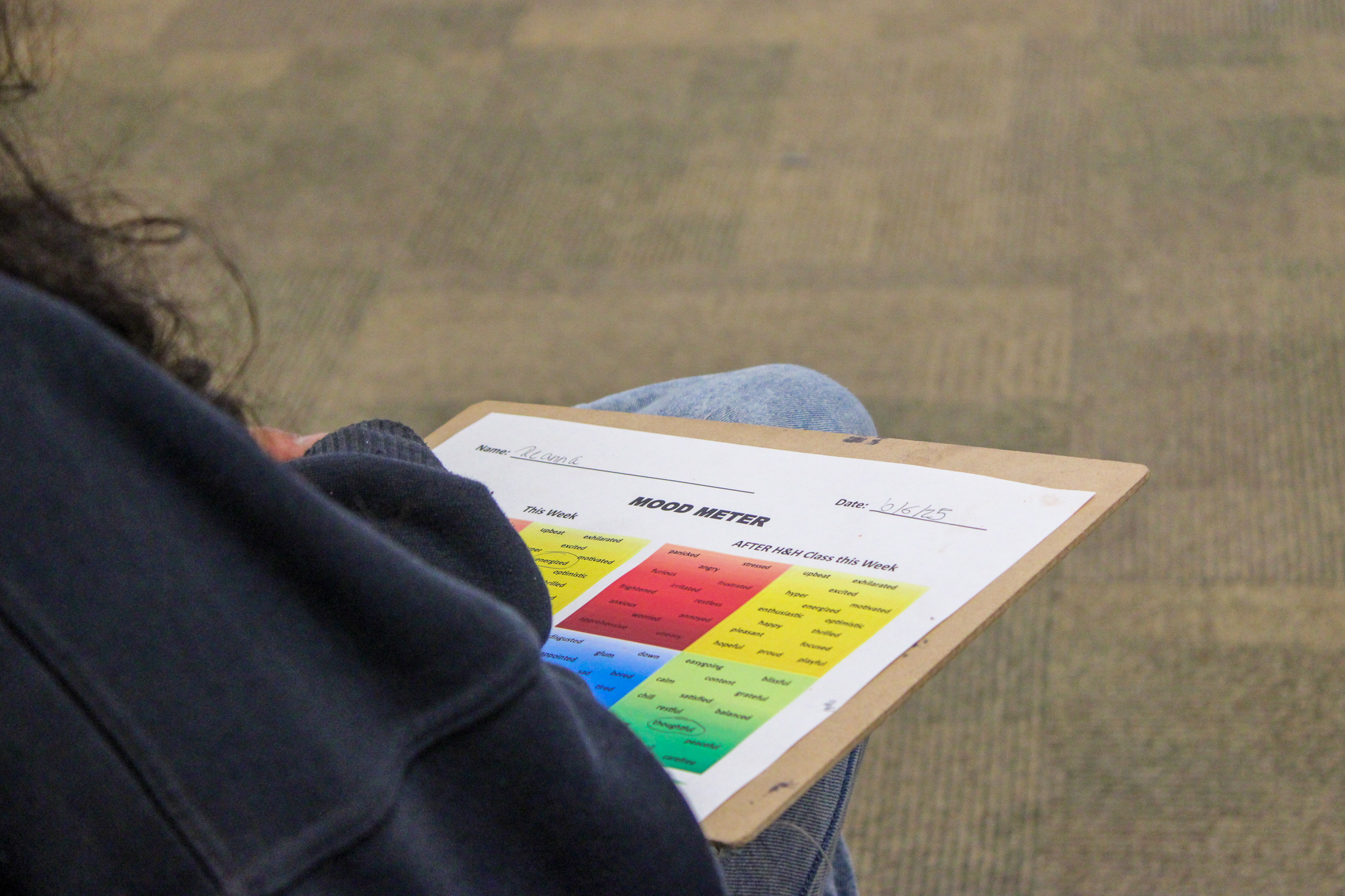 Image A young woman, participating in Hearts & Horses' Changing Leads program, sits with her mood survey on her lap.