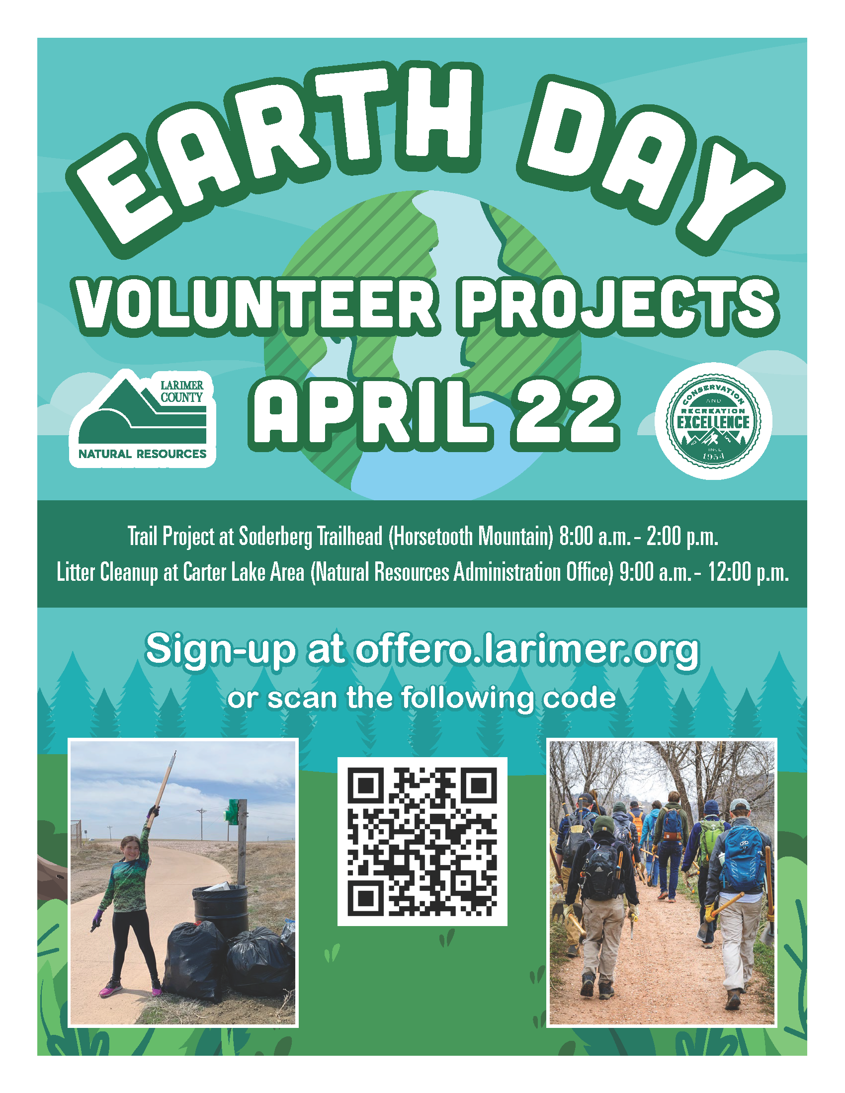 Image 1: Volunteer opportunities for Earth day, April 22. Trail project at Soderberg Trailhead and litter cleanup at Carter Lake Area.