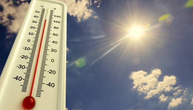 thermometer showing above 90 with sun in background