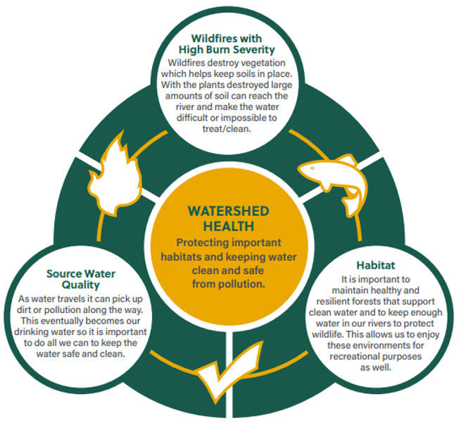 threefactorstowatershedhealthinclude1-wildfireswithhighburnsevertiy2-sourcewaterquality3-habitat