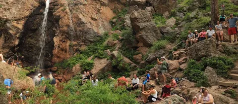  A large crowd of visitors at Horestooth Falls