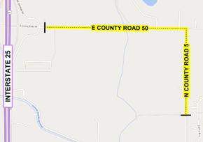 Map highlighting the project limits at the intersection of E County Road 50 and N CR 5, with designated areas marked in color for clarity.