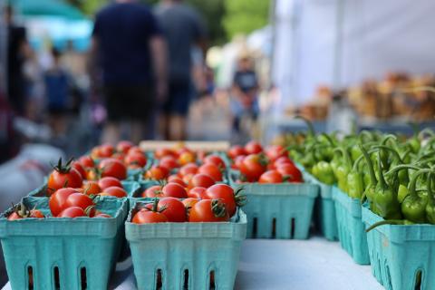 Tomatoes and peppers on a vendor table at the Larimer County Farmers' Market