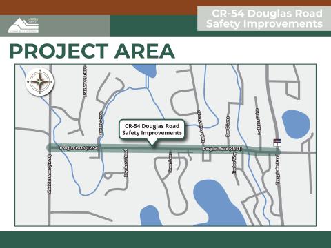 Presentation board featuring a map that outlines the project area for the Douglas Road Safety Improvement Project. The map highlights the specific stretch of Douglas Road where proposed safety enhancements will take place.